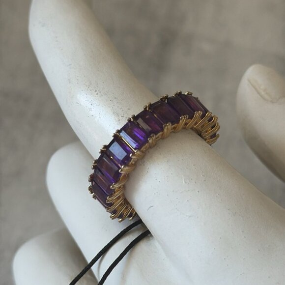 Emerald Cut Band Gold Plated Sterling Silver 925 Gen Amethyst Purple Ring Sz.8 - Picture 5 of 16